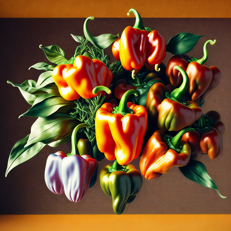 Colorful Still Life of Red and Green Bell Peppers with Leaves on Textured Background