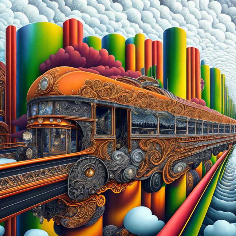 Intricately Designed Train Amid Colorful Cylindrical Structures