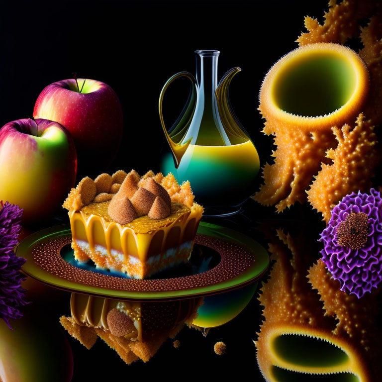 Vibrant still life with apples, liquid in glass, cake, abstract flowers