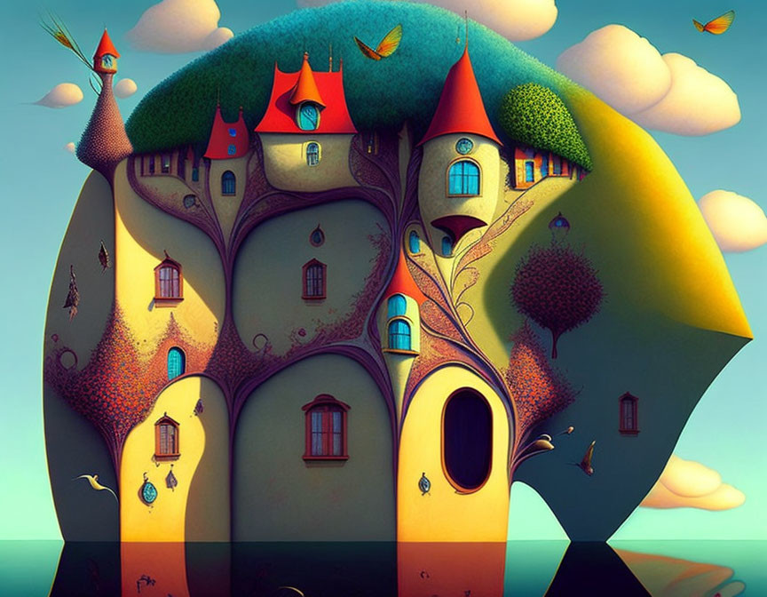 Colorful whimsical illustration of stylized fairytale tree house with flying birds