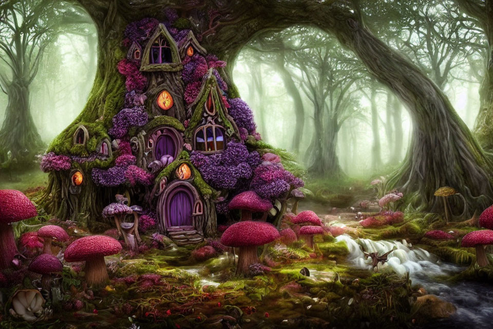 Whimsical treehouse in enchanted forest with purple foliage and red mushrooms