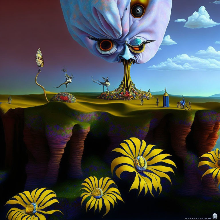 Surreal landscape with blue creature, eye-like flowers, figures, colorful terrain, purple sky