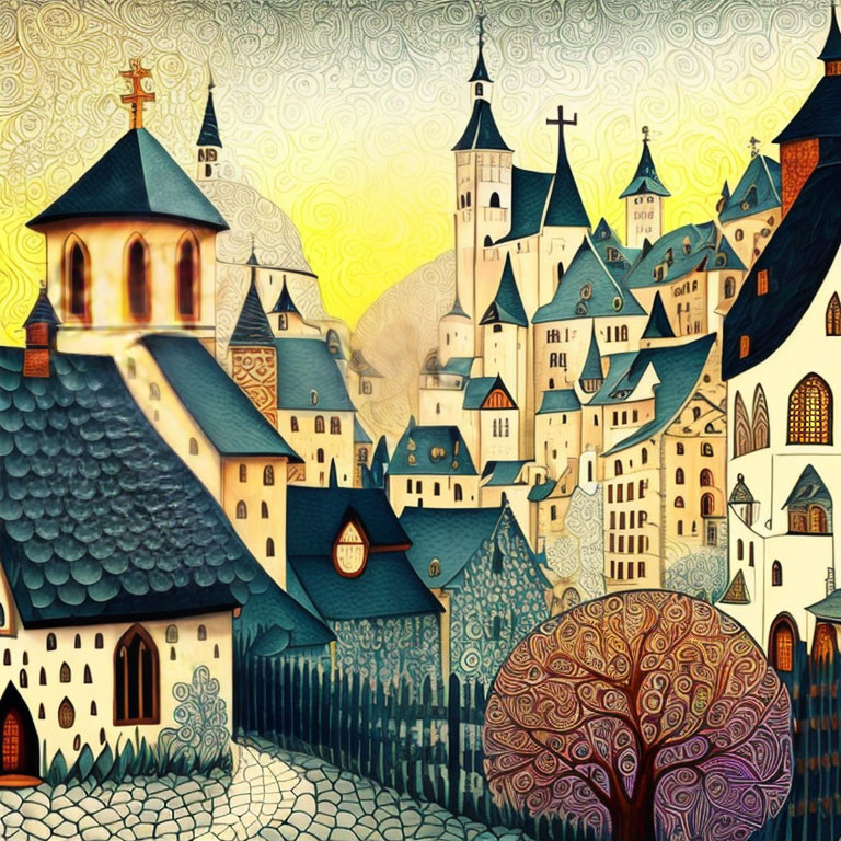 Vibrant whimsical village illustration with ornate buildings and colorful tree