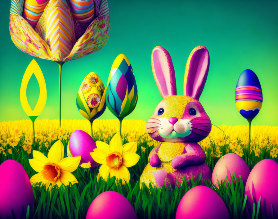 Colorful Easter scene with smiling rabbit, decorated eggs, and daffodils against bright sky