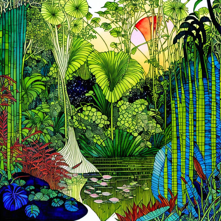 Colorful Jungle Scene with Flora, Water Lilies, and Red Sun