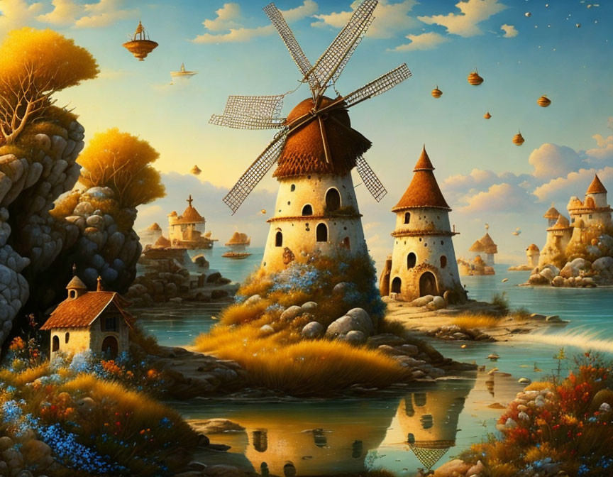 Whimsical windmills on rocky islets with floating ships in a fantasy landscape