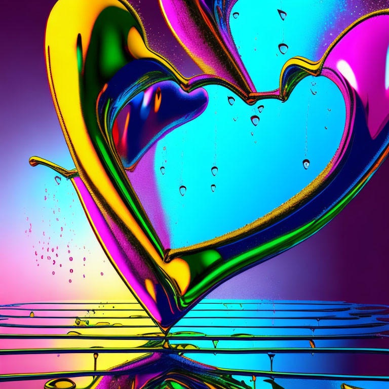 Colorful liquid splash forms heart on reflective surface against pink and purple gradient.