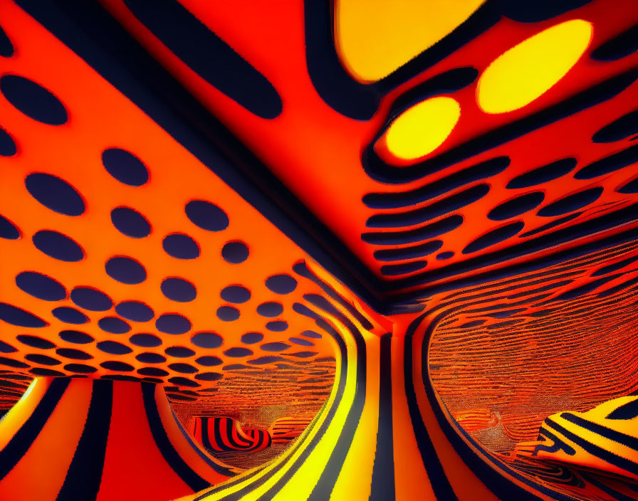 Vibrant red and yellow abstract art installation with organic shapes and polka dots