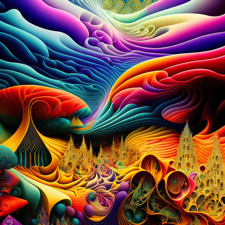 Colorful Psychedelic Digital Artwork with Abstract Forms and Surreal Landscape