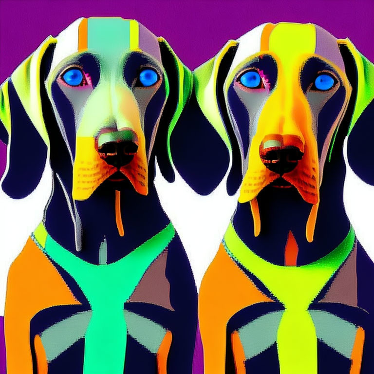 Vibrantly colored pop art dogs with abstract patterns