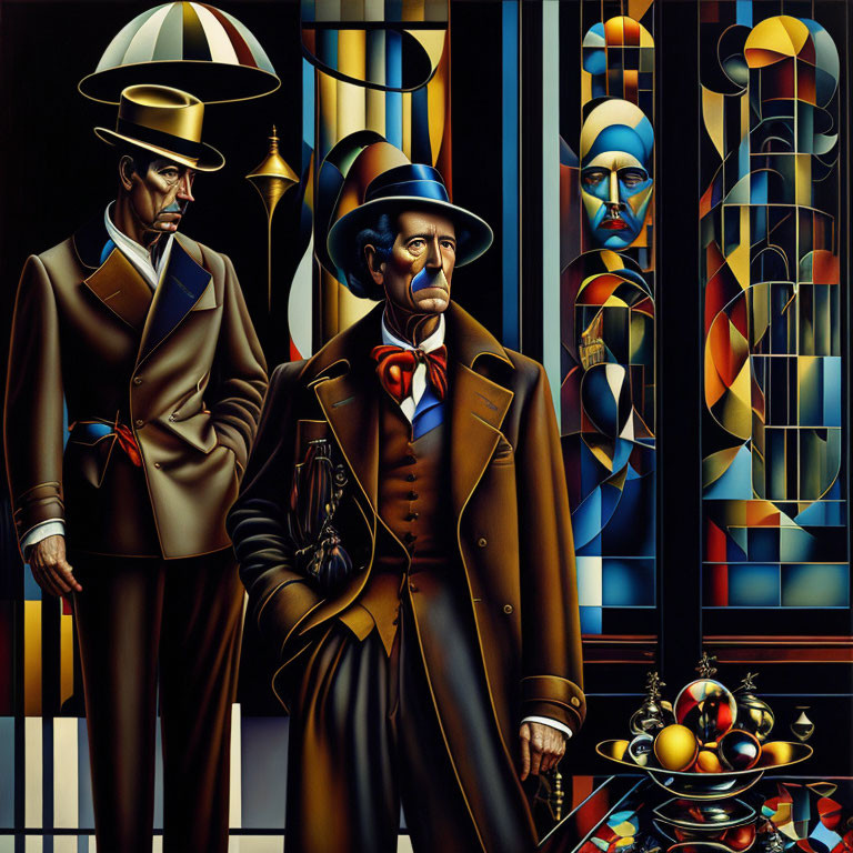 Stylized gentlemen in suits with geometric background and stained glass motifs