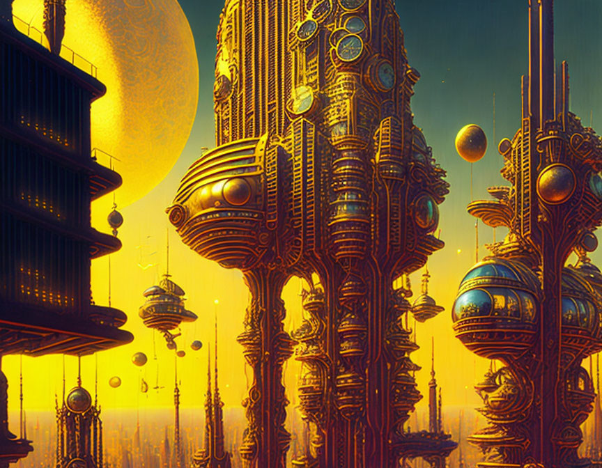 Futuristic cityscape with spherical habitats and luminous moon