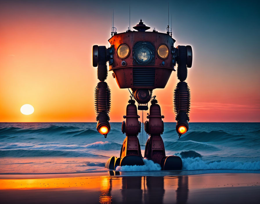 Vintage design robot silhouette by ocean at sunset