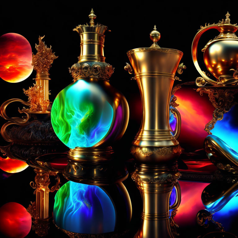 Luxurious Chess Pieces Reflecting Light Against Dark Background