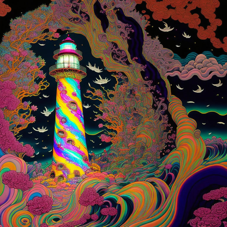 Colorful psychedelic lighthouse illustration with swirling patterns and waves.