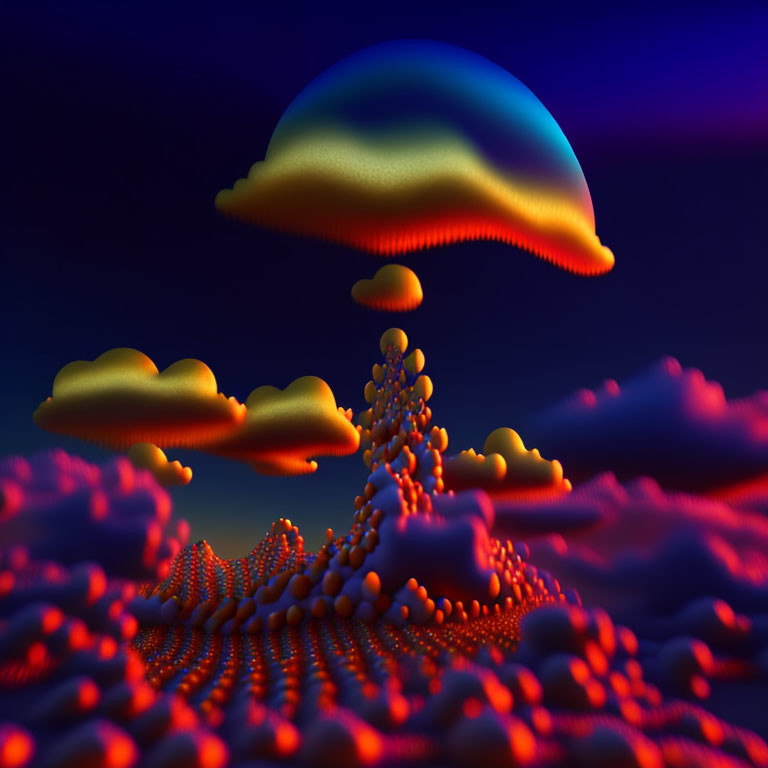 Colorful 3D fractal landscape with mushroom structures and floating clouds