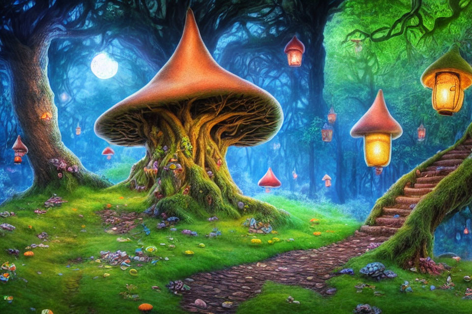 Enchanting forest scene with giant mushroom tree, lanterns, moonlit sky, and stone staircase