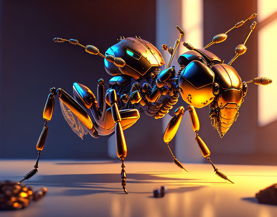 Detailed 3D Rendering of Golden and Black Mechanical Ant