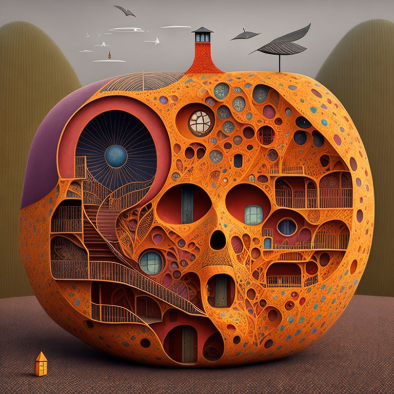 Unique Pumpkin-Shaped Building with Orange Patterns, Staircases, and Circular Windows