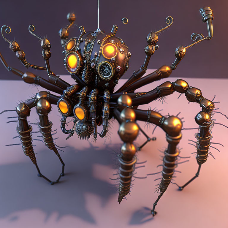 Intricate Brass Mechanical Spider 3D Rendering on Purple Background