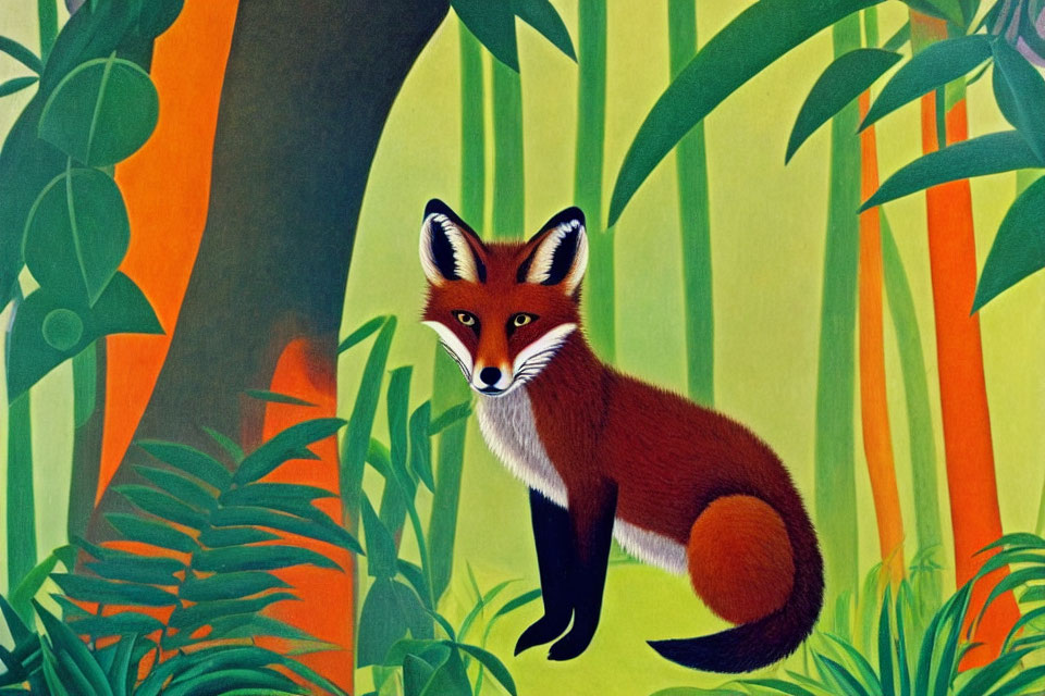 Stylized red fox in vibrant green forest with large leaves