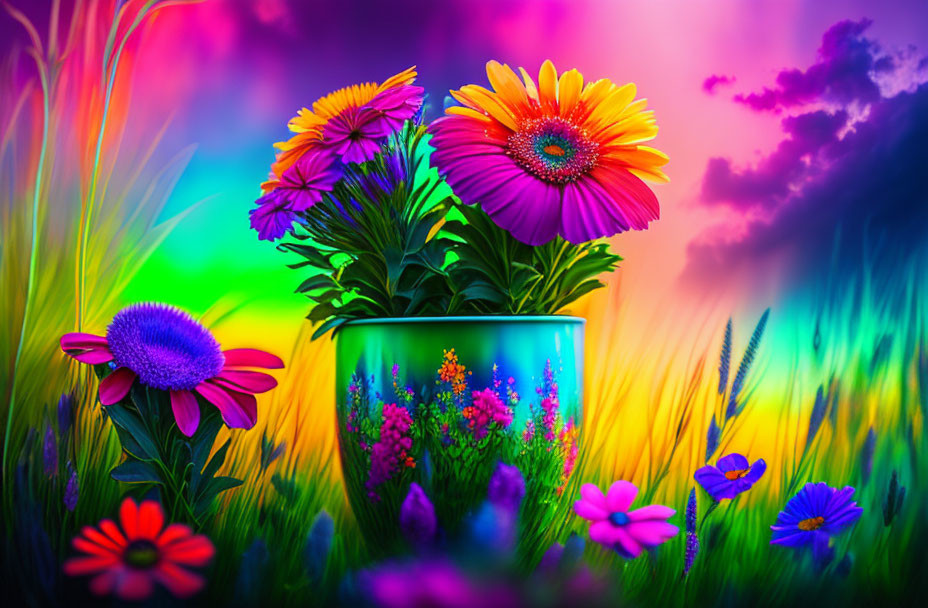 Colorful Flowers in Pot Against Surreal Background