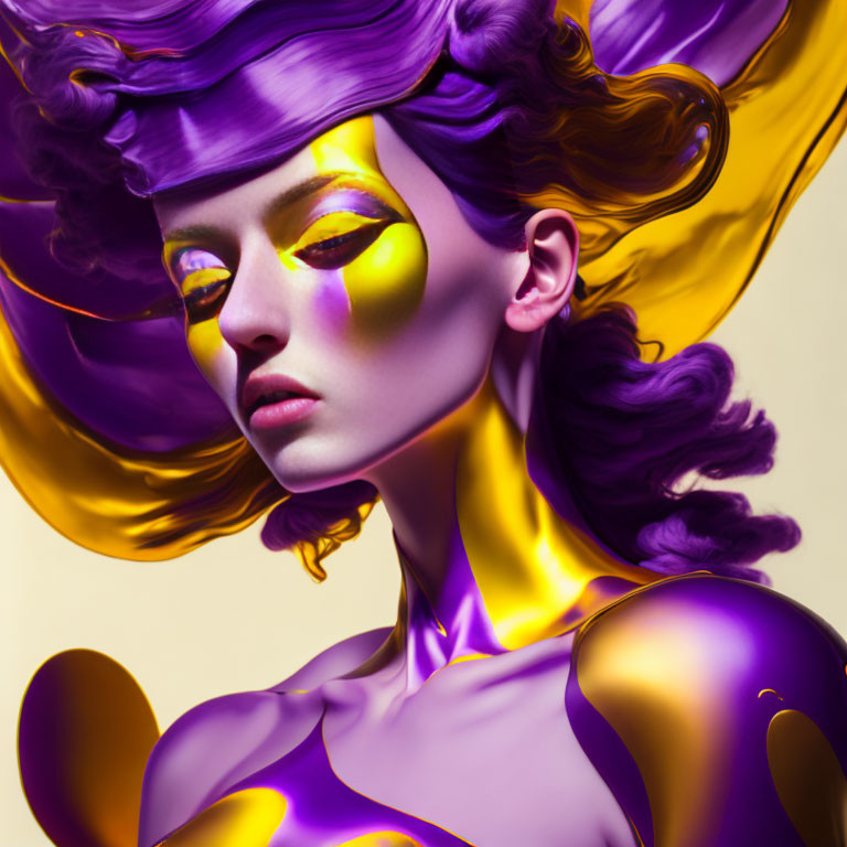 Stylized portrait of woman with purple hair and golden makeup on yellow background