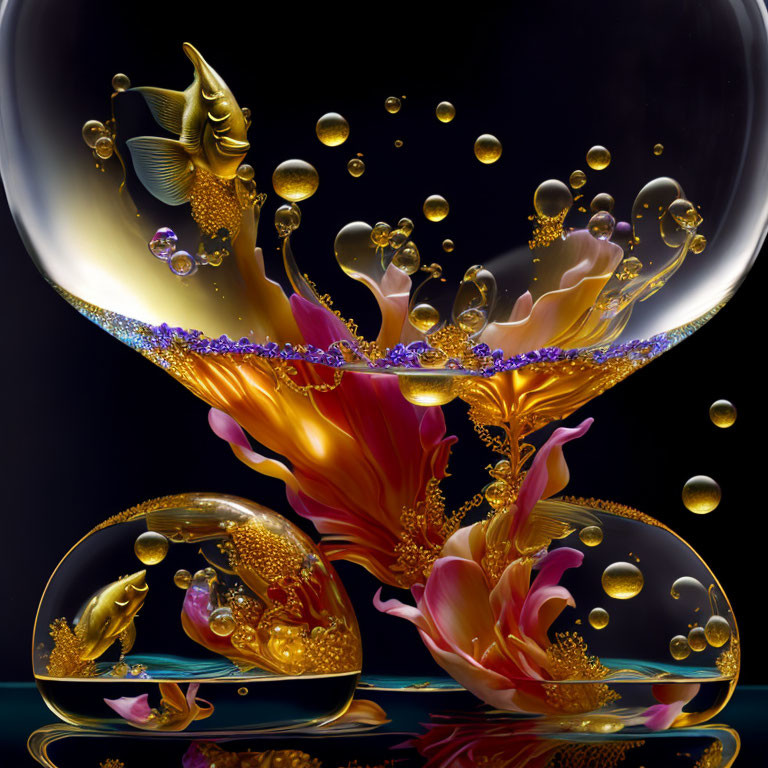 Colorful digital art: Goldfish with intricate fins in a splash of gold and orange liquid, surrounded