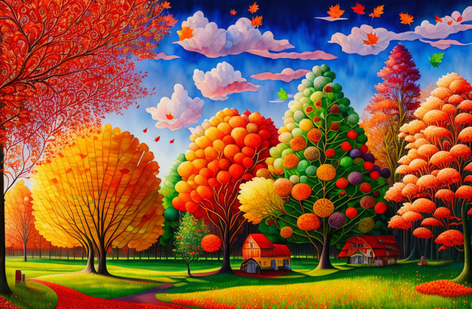 Vivid Autumn Landscape with Whimsical Trees and Houses