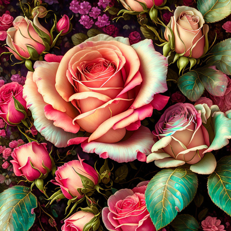 Colorful Rose Bouquet on Dark Floral Background