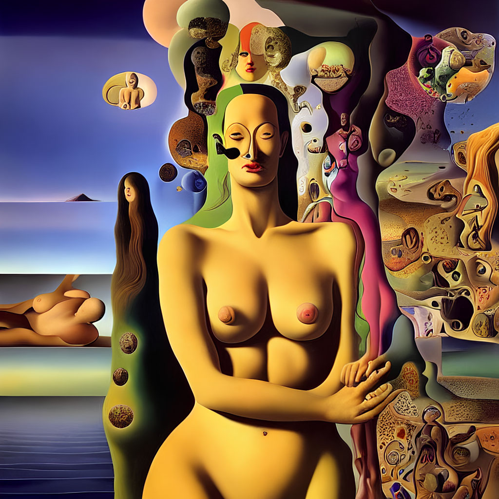 Surrealist painting with exaggerated figure and abstract shapes