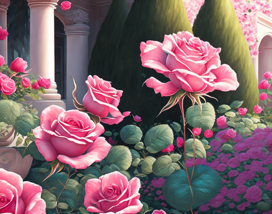 Pink roses in a serene garden with classical architecture