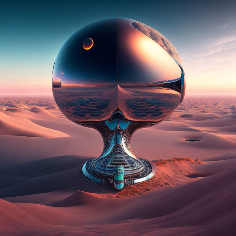 Surreal desert landscape with large reflective hourglass structure