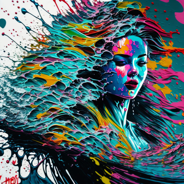 Colorful digital artwork: Woman's face dissolving into paint-like textures