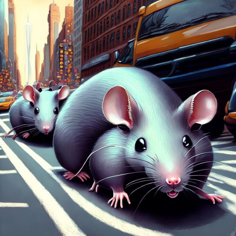Whimsical urban scene with oversized cartoon rats