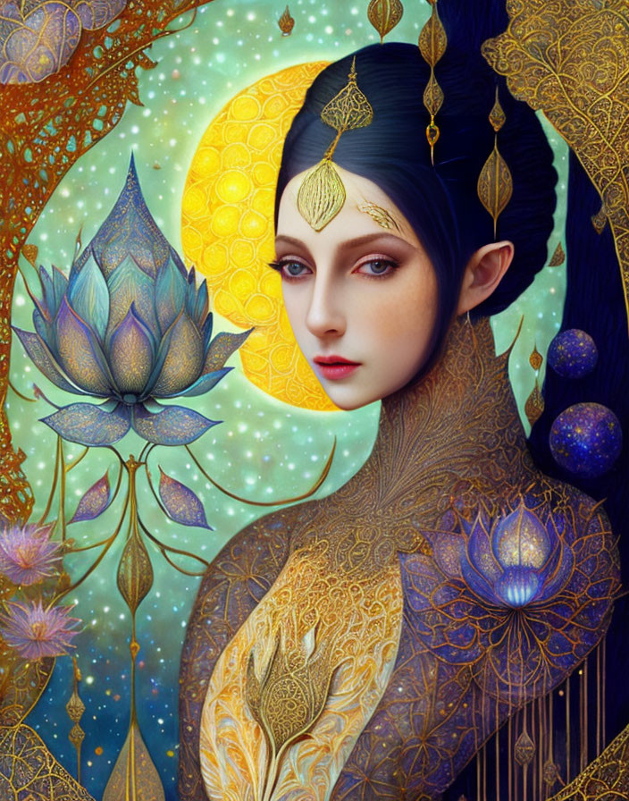 Portrait of a pale-skinned woman with dark hair, golden jewelry, lotus flowers, and a