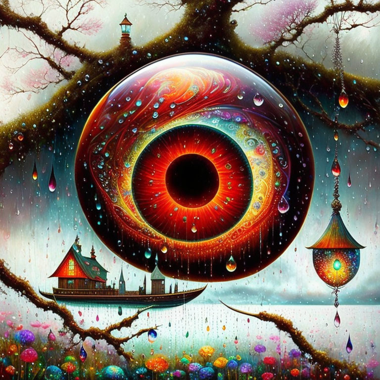 Colorful surreal artwork: Giant eye in sky, vibrant landscape