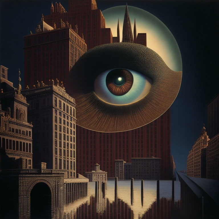 Surreal cityscape with gothic architecture and giant eye in sky