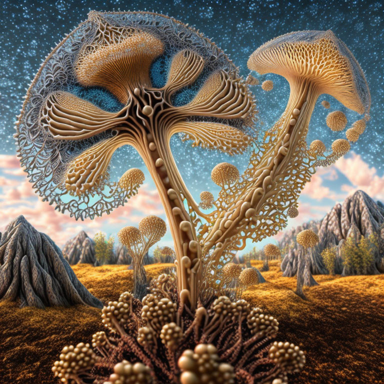 Surreal landscape with mushroom-like tree structures, mountains, and blue sky