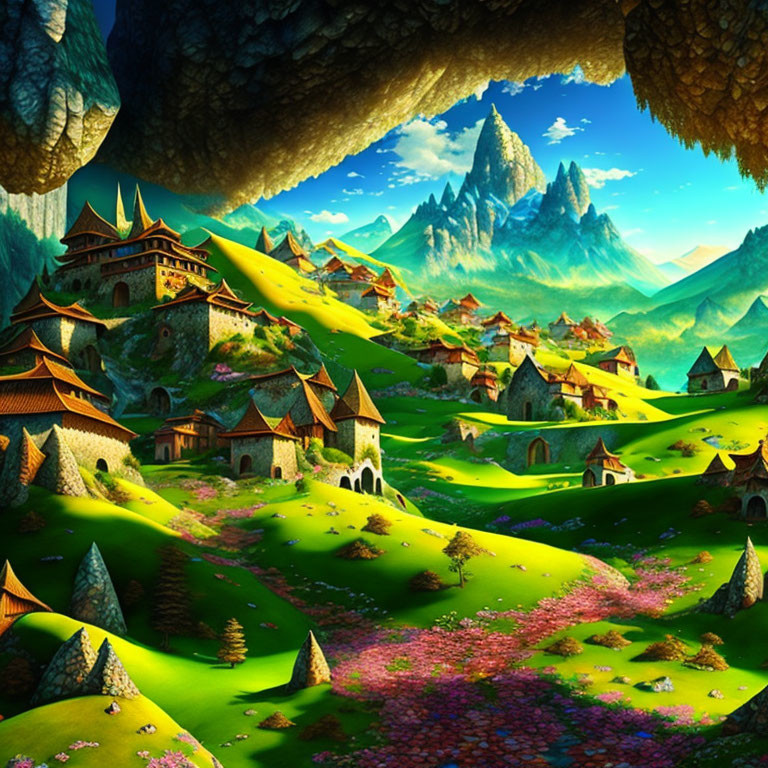 Colorful Fantasy Landscape with Whimsical Houses and Mountains