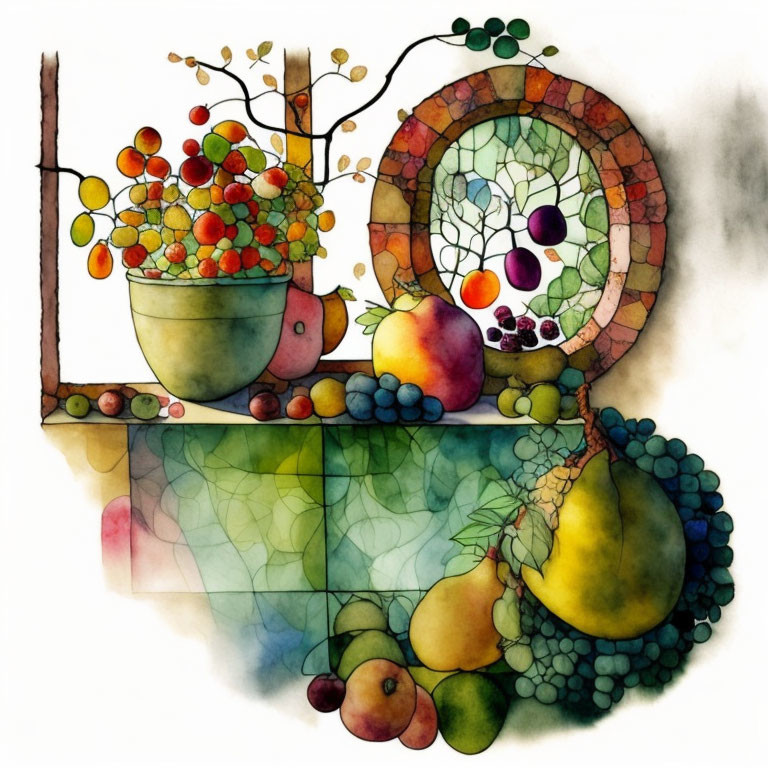 Vibrant watercolor fruit still life with mirrored reflection