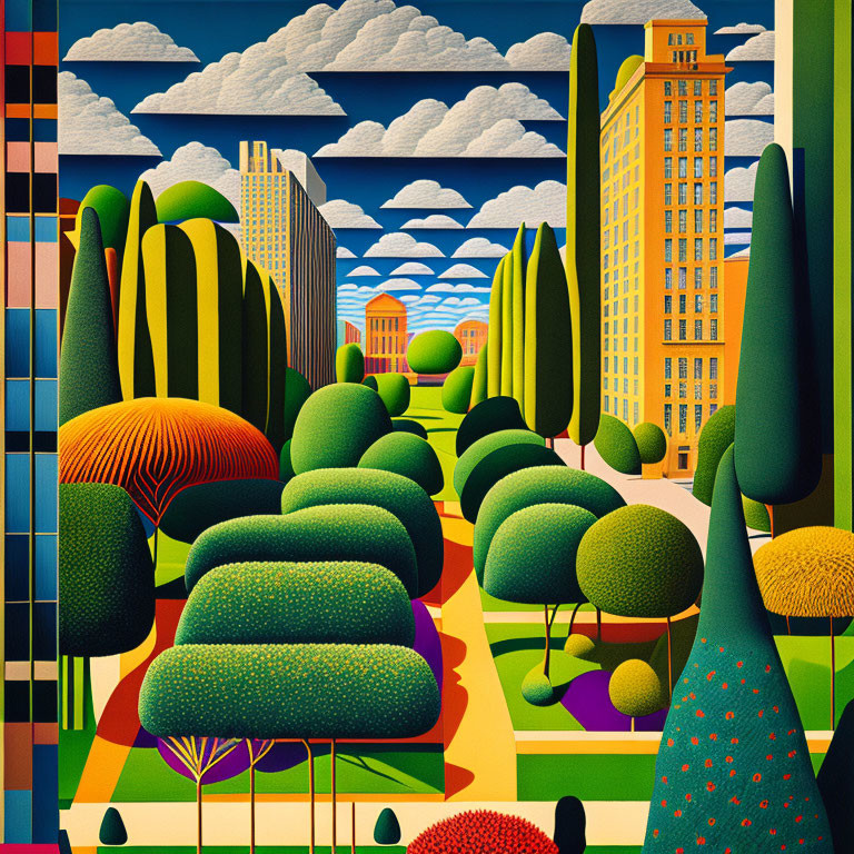 Colorful geometric landscape with trees and buildings in stylized artwork