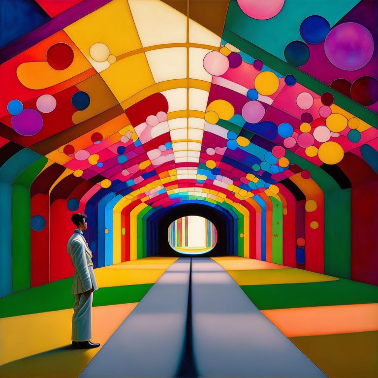 Man in white suit at entrance of vibrant geometric tunnel