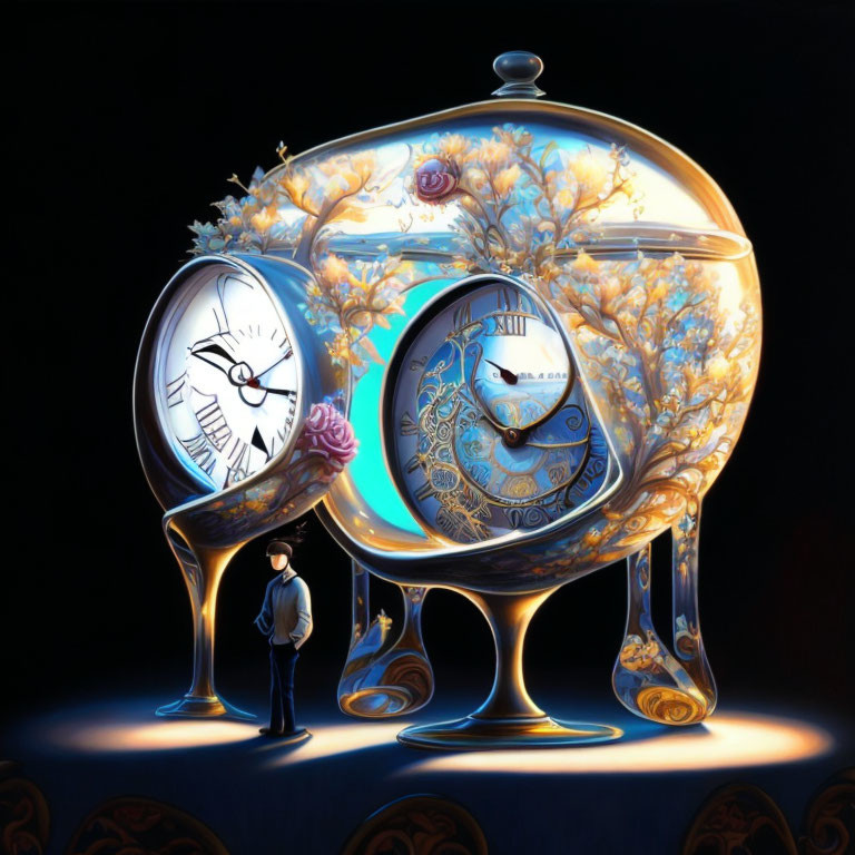 Surreal illustration of person with melting clock and floral patterns