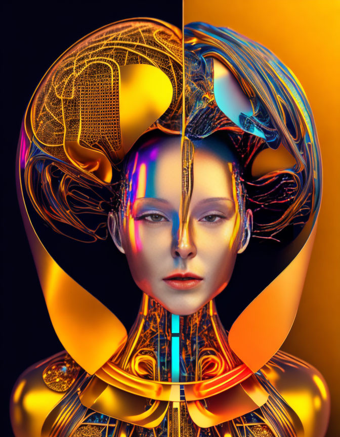 Female android art: Partially exposed mechanical face on dark background