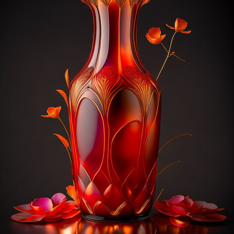 Red Glass Vase with Floral Design and Glass Flowers on Dark Background