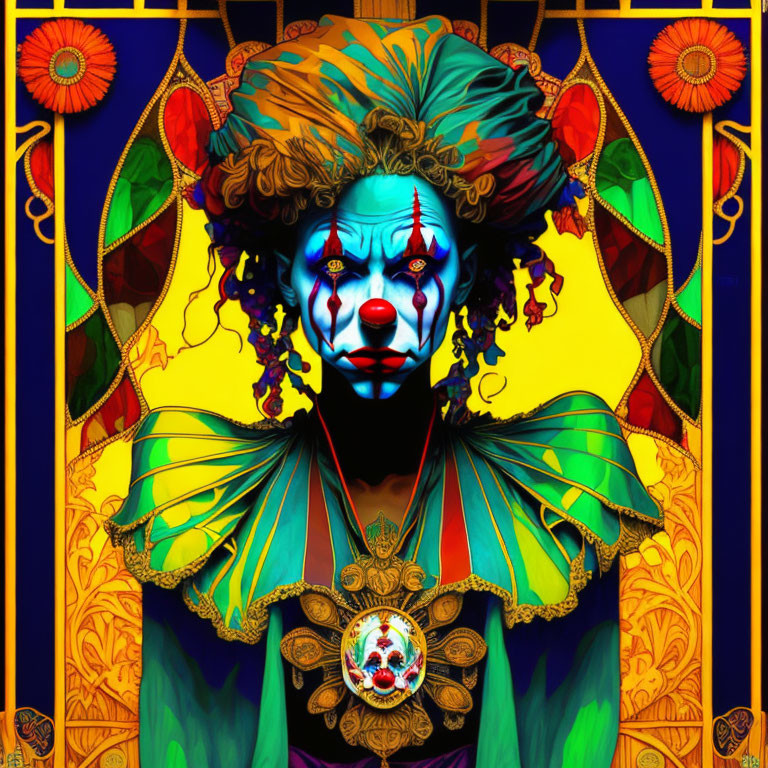 Colorful artwork of a clown with intricate face paint and elaborate headwear on stained-glass background