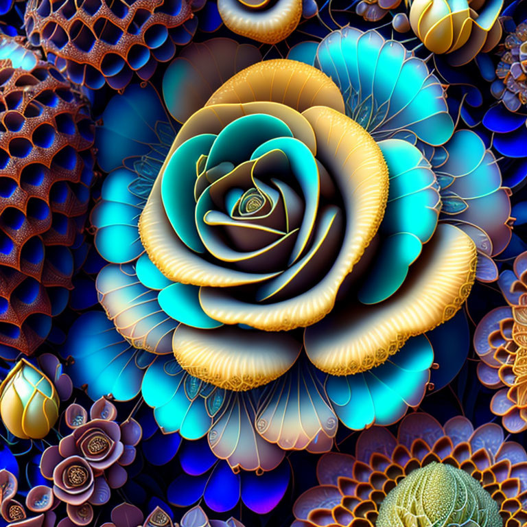 Fractal rose digital artwork with blue, teal, and gold shades