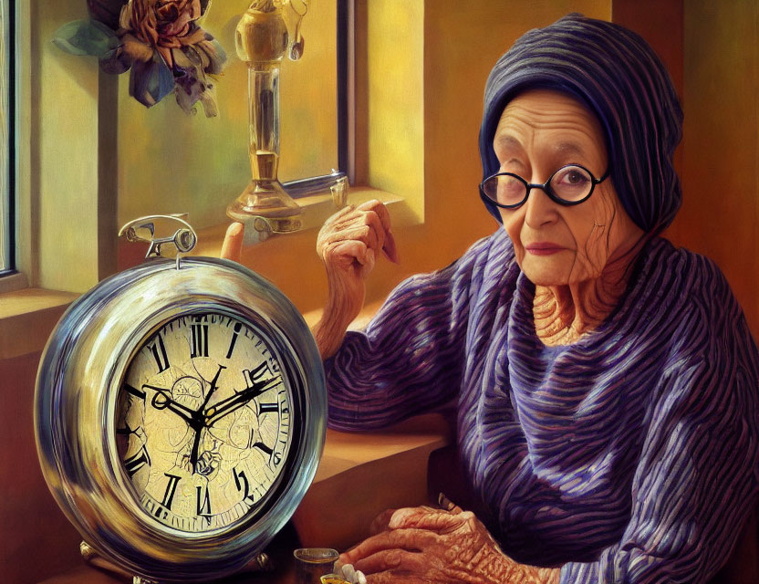 Elderly woman with glasses and headscarf by clock, rose, and lamp.