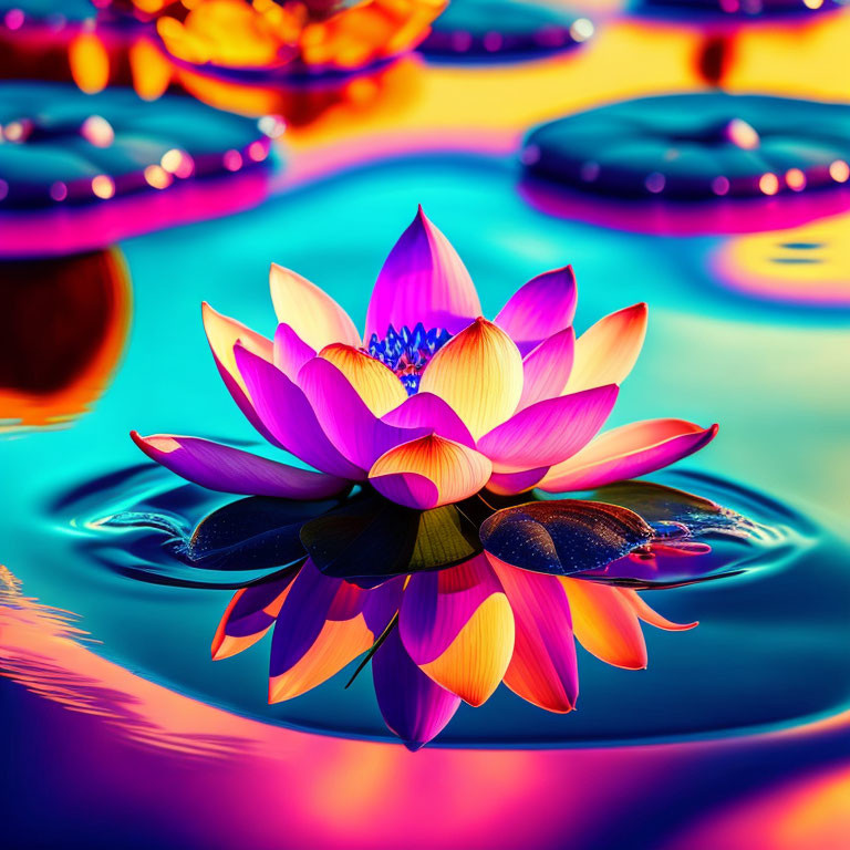 Colorful Lotus Flower Digital Art on Reflective Water Surface